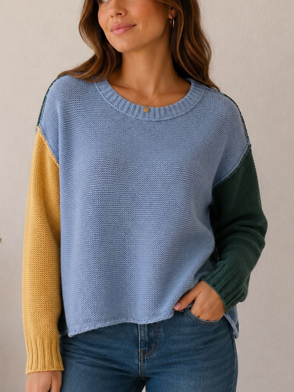AE Colorblock % 100 cotton Crewneck Sweater Light Blue, Mustard Forest Green